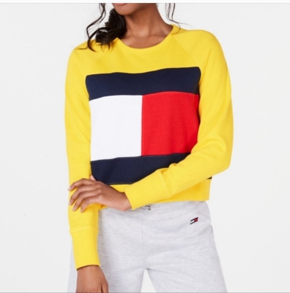 Y2K Cropped Tommy Hilfiger Yellow Retro Logo Crewneck Sweater L - Picture 1 of 8